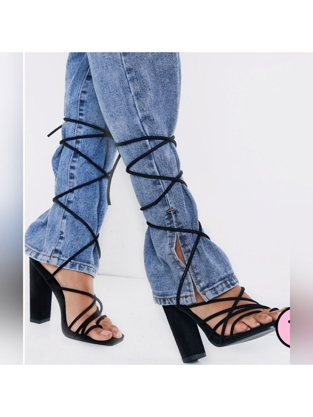 PrettyLittleThing Suede Strappy Toe Loop Lace Up High Block Heel Size 7 - New